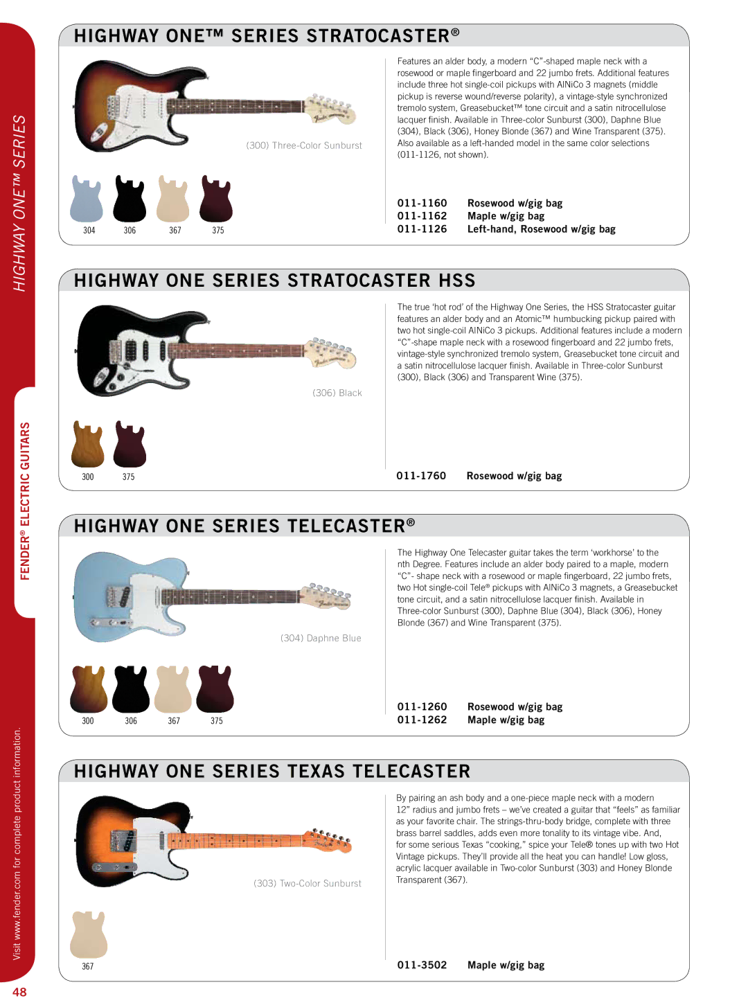 Fender 011-7602, 011-9600 Highway one series Stratocaster HSS, Highway one series Telecaster, Highway ONE Series 