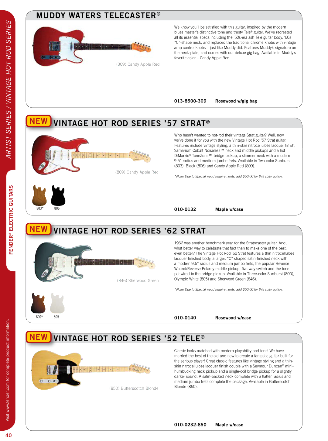 Fender 011-7602 Muddy Waters Telecaster, New Vintage HOT ROD Series ’57 Strat, New Vintage HOT ROD Series ’62 Strat 