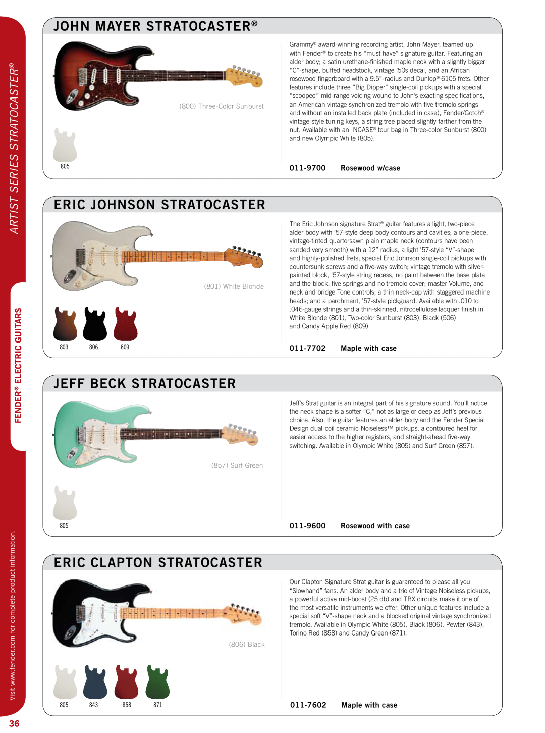 Fender 011-7602 specifications John Mayer Stratocaster, Eric Johnson Stratocaster, Jeff Beck Stratocaster, Artist, Fender 