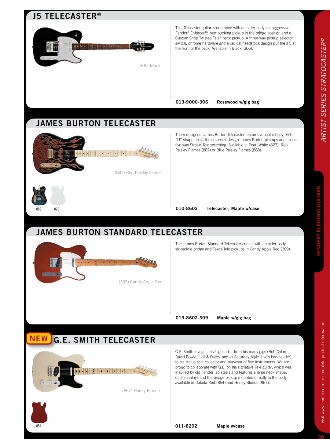 Fender 011-9600 J5 TELECASTER, James Burton Telecaster, James Burton Standard Telecaster, new G.E. SMITH TELECASTER, Black 