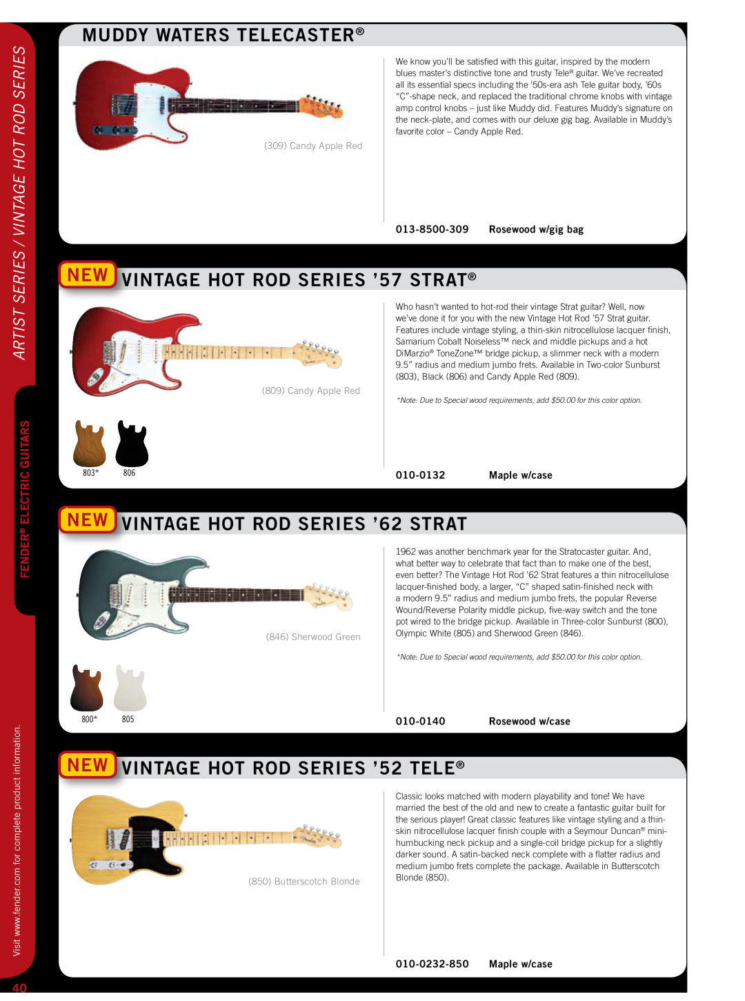 Fender 011-7602 Muddy Waters Telecaster, new VINTAGE HOT ROD SERIES ’57 STRAT, new VINTAGE HOT ROD SERIES ’62 STRAT 