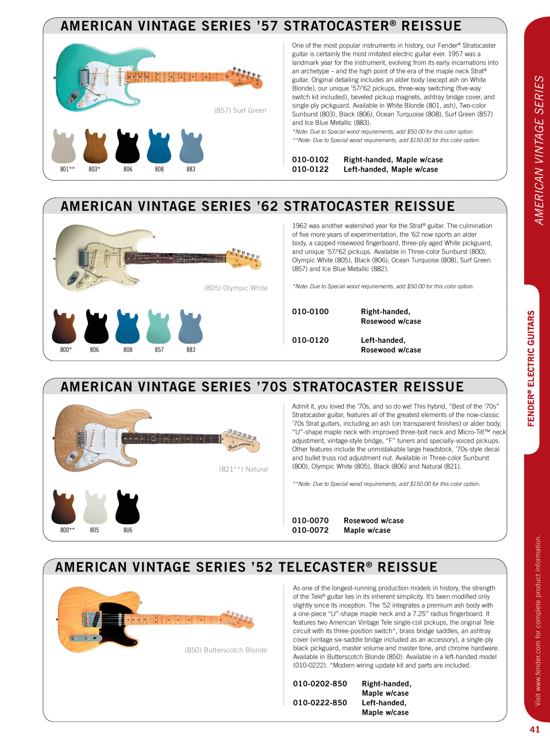 Fender 011-9700 AMERICAN VINTAGE SERIES ’57 STRATOCASTER reissue, AMERICAN VINTAGE SERIES ’62 STRATOCASTER reissue, Fender 