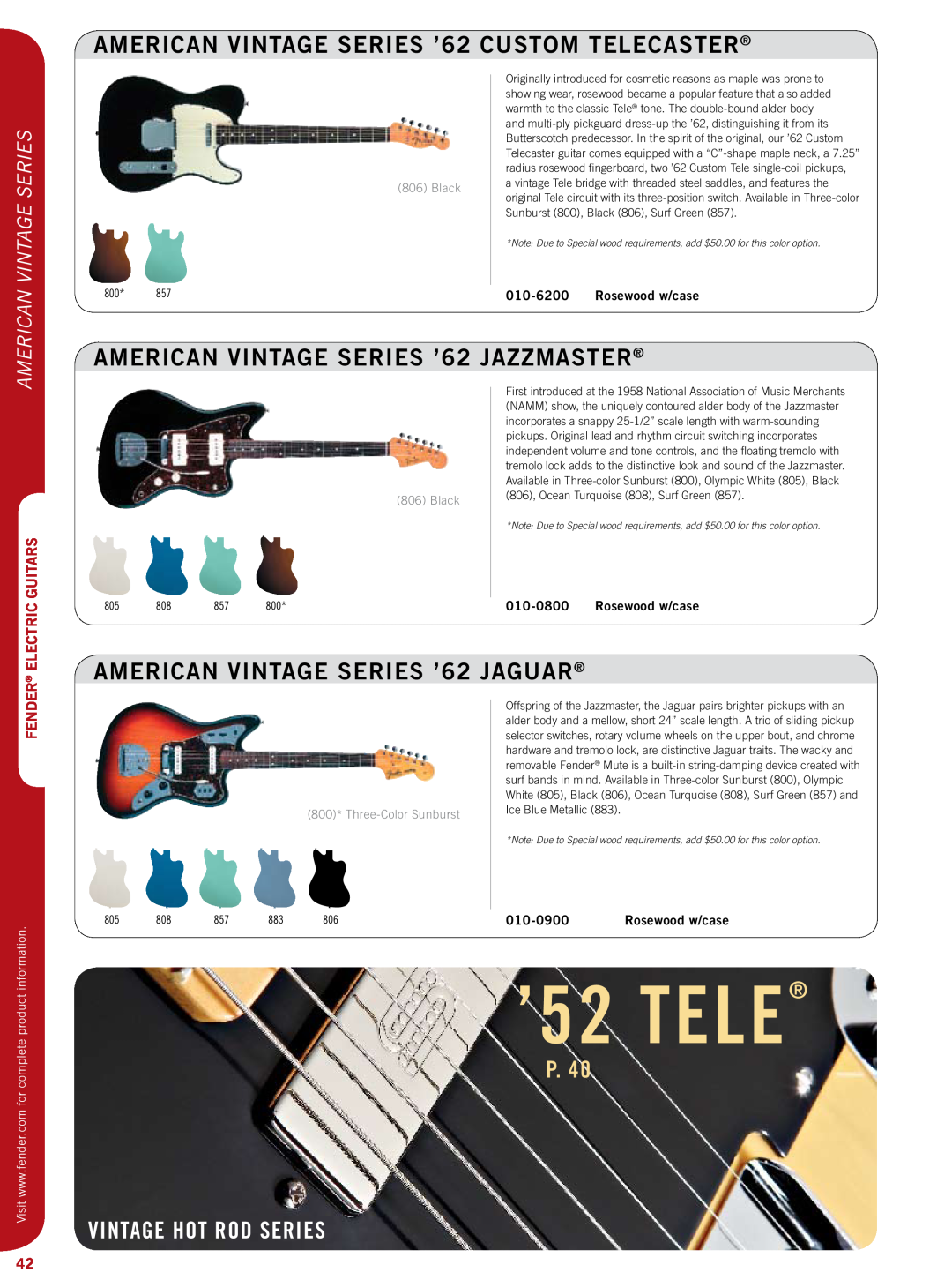 Fender 011-7702 AMERICAN VINTAGE SERIES ’62 CUSTOM TELECASTER, AMERICAN VINTAGE SERIES ’62 JAZZMASTER, Series, 010-6200 