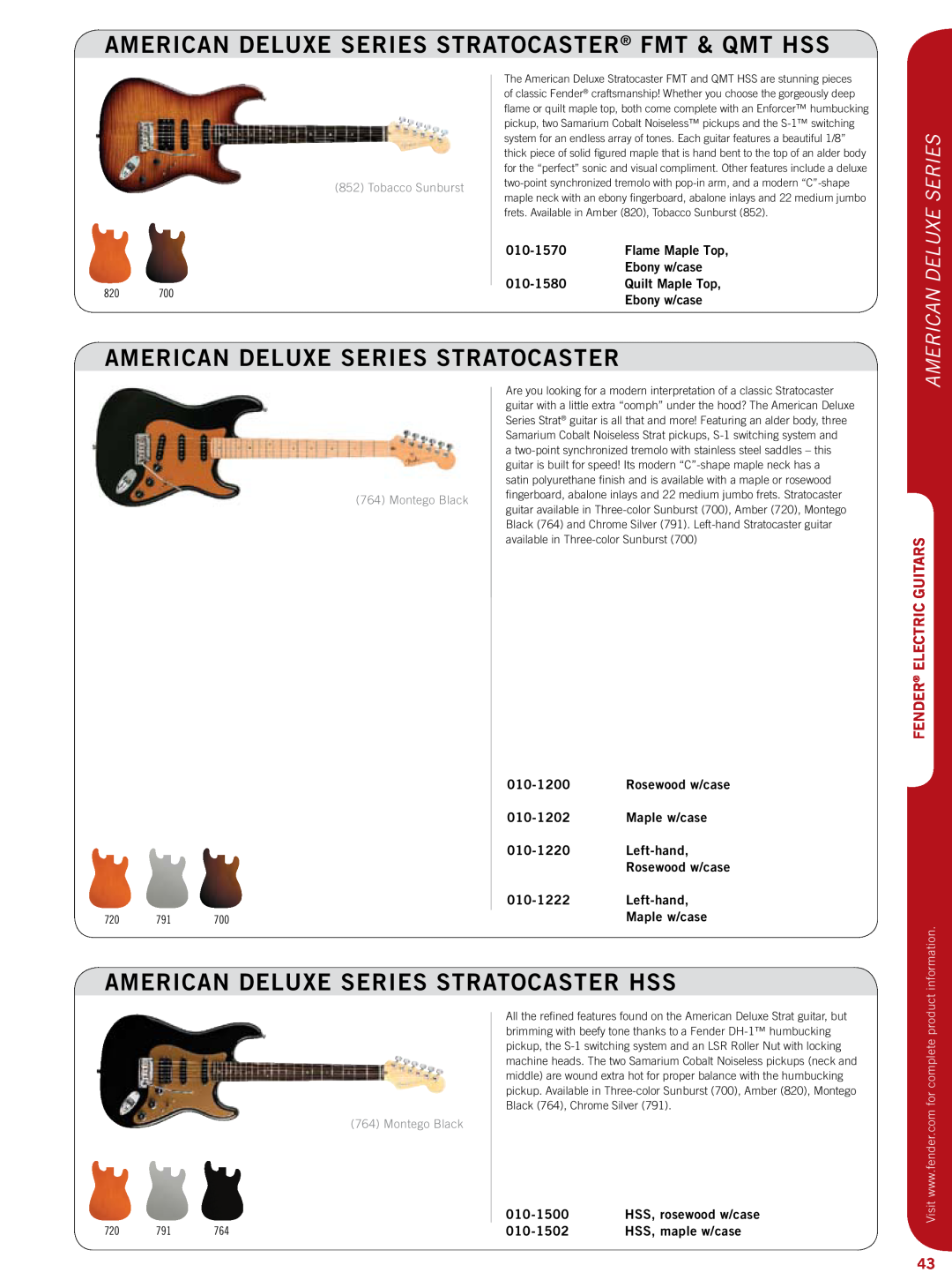 Fender 011-9600 American Deluxe Series Stratocaster Fmt & Qmt Hss, American deluxe Series STRATOCASTER, 010-1570, 010-1580 