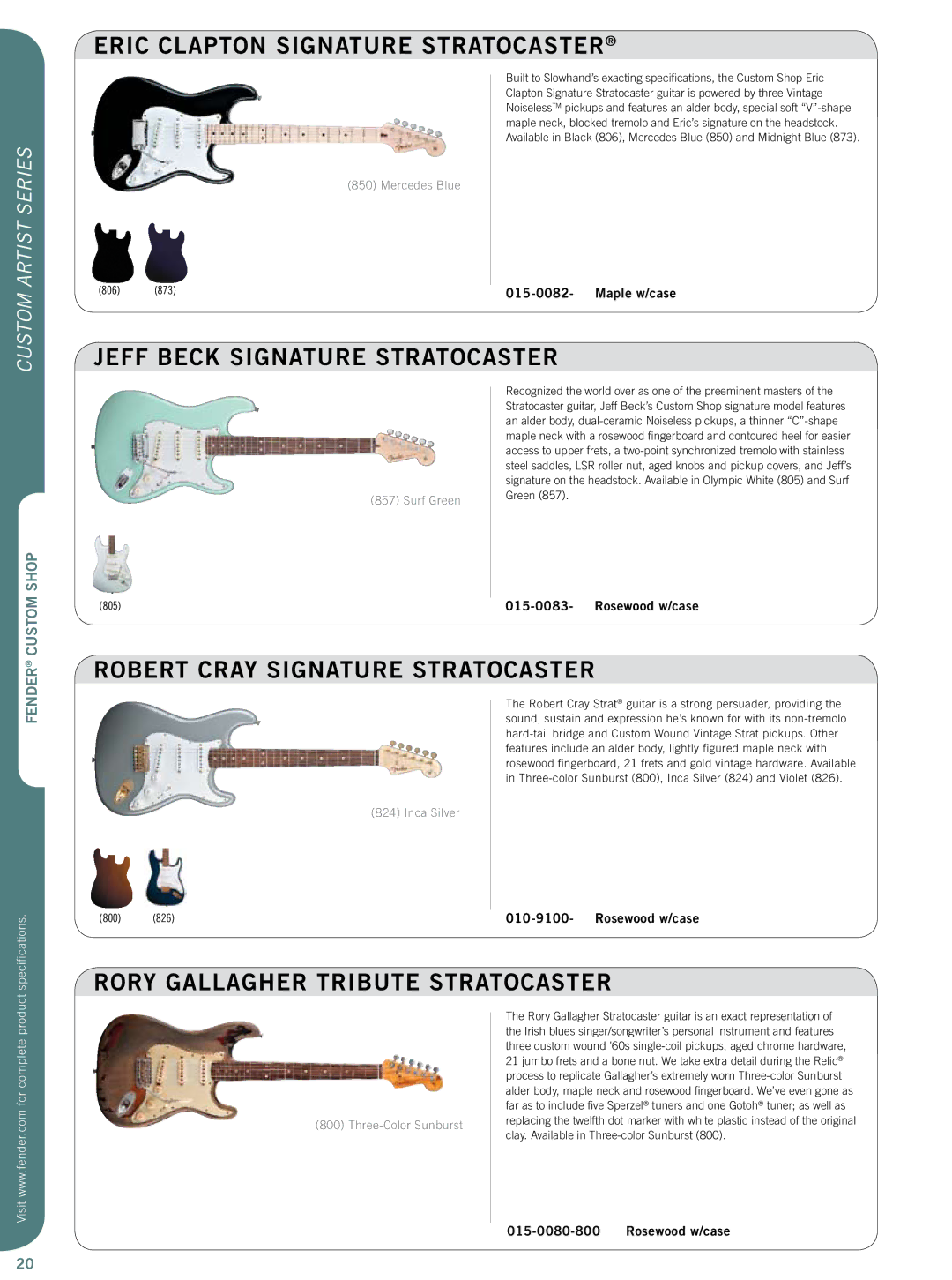 Fender 015-0082 specifications Eric Clapton Signature Stratocaster, Jeff Beck Signature Stratocaster, Custom Artist series 