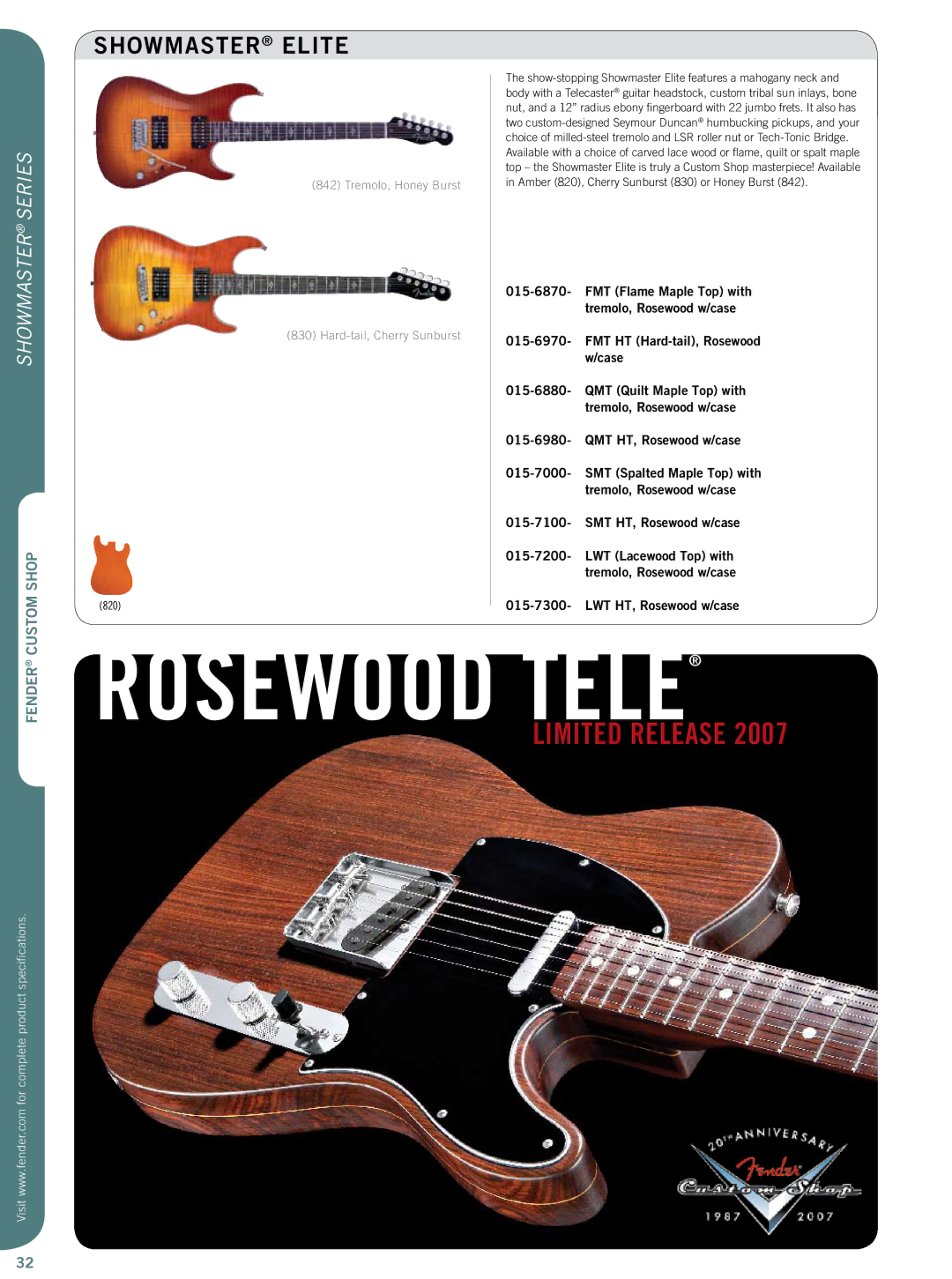 Fender 015-0082 specifications Showmaster Elite, Showmaster series, Tremolo, Honey Burst Hard-tail, Cherry Sunburst, 820 