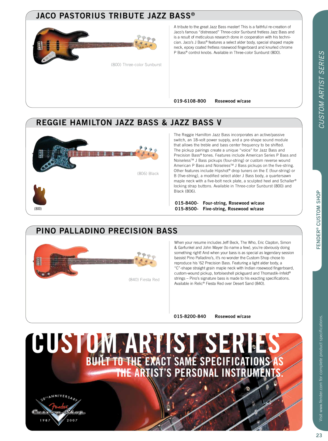 Fender 015-0082 Jaco Pastorius Tribute Jazz Bass, Reggie Hamilton Jazz Bass & Jazz Bass, Pino Palladino Precision Bass 