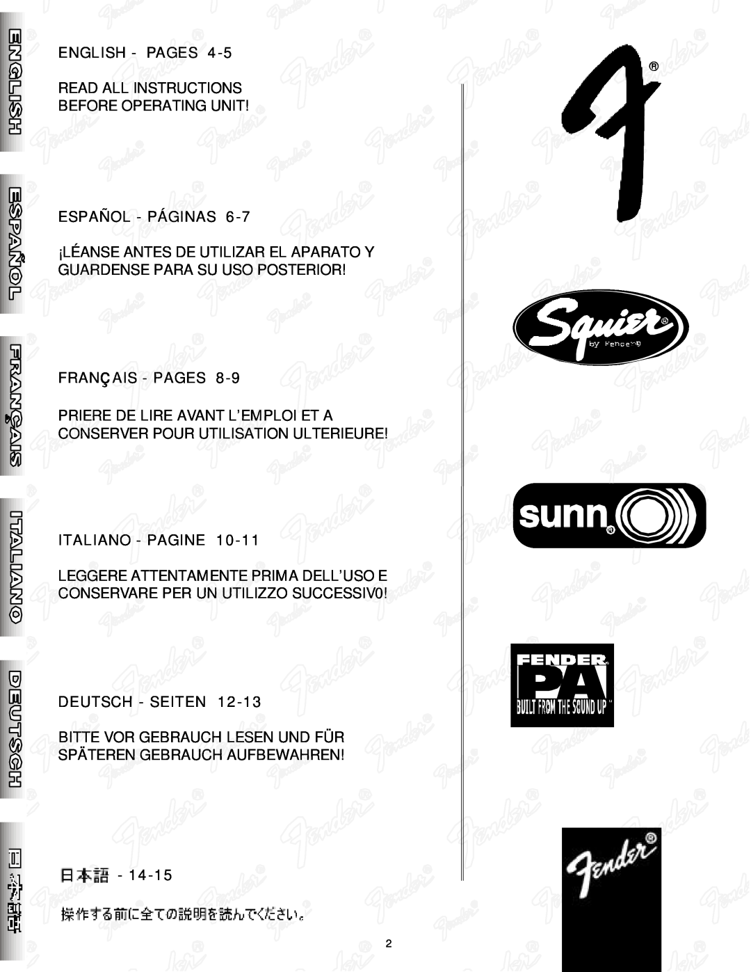 Fender 1000 manual English - Pages, Español - Páginas, FRANçAIS - PAGES, Italiano - Pagine, Deutsch - Seiten, 14-15 