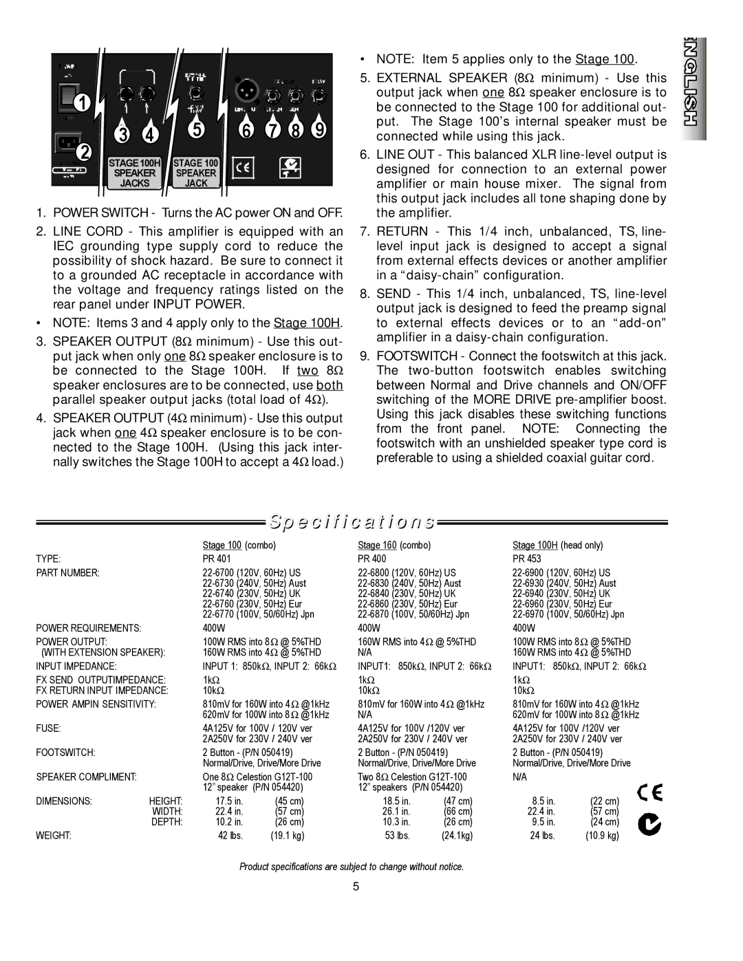 Fender 160, 100H manual Specifications 