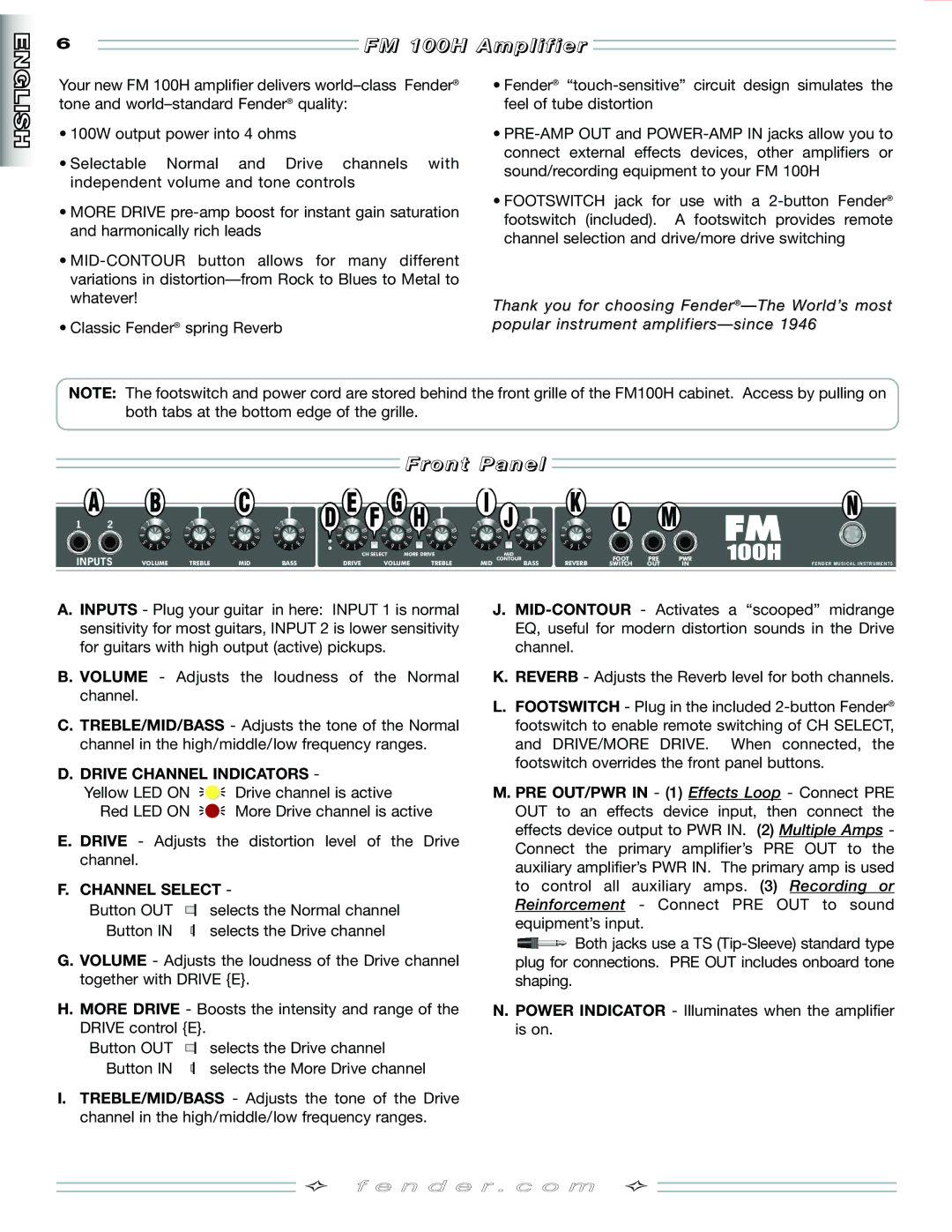 Fender 100H manual 1 0 0 H a m p l i f i e r, Ro n t P a n e l, Drive Channel Indicators, Channel Select 