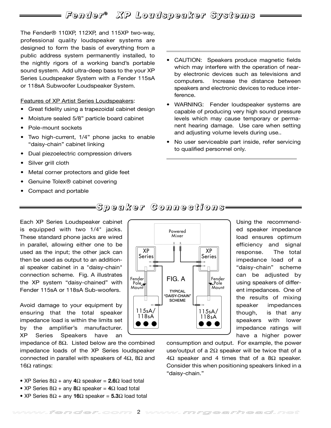 Fender 112XP, 110XP, 115XP manual Fender XP Loudspeaker Systems, E a k e r 