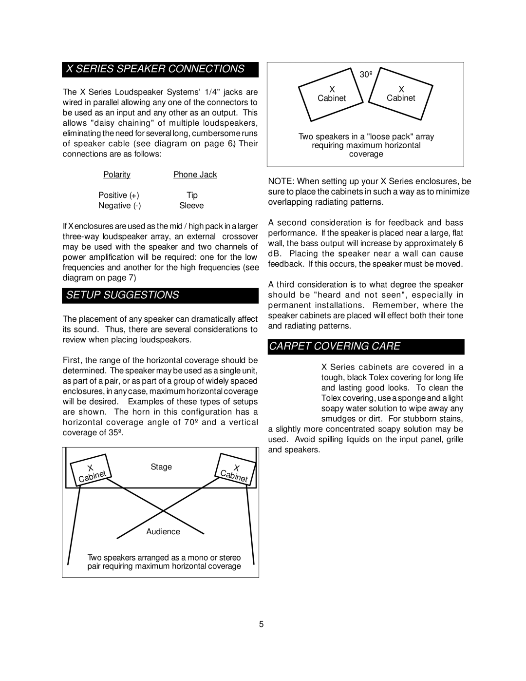 Fender 1201X, 1110X, 1205X owner manual Series Speaker Connections, Setup Suggestions, Carpet Covering Care 