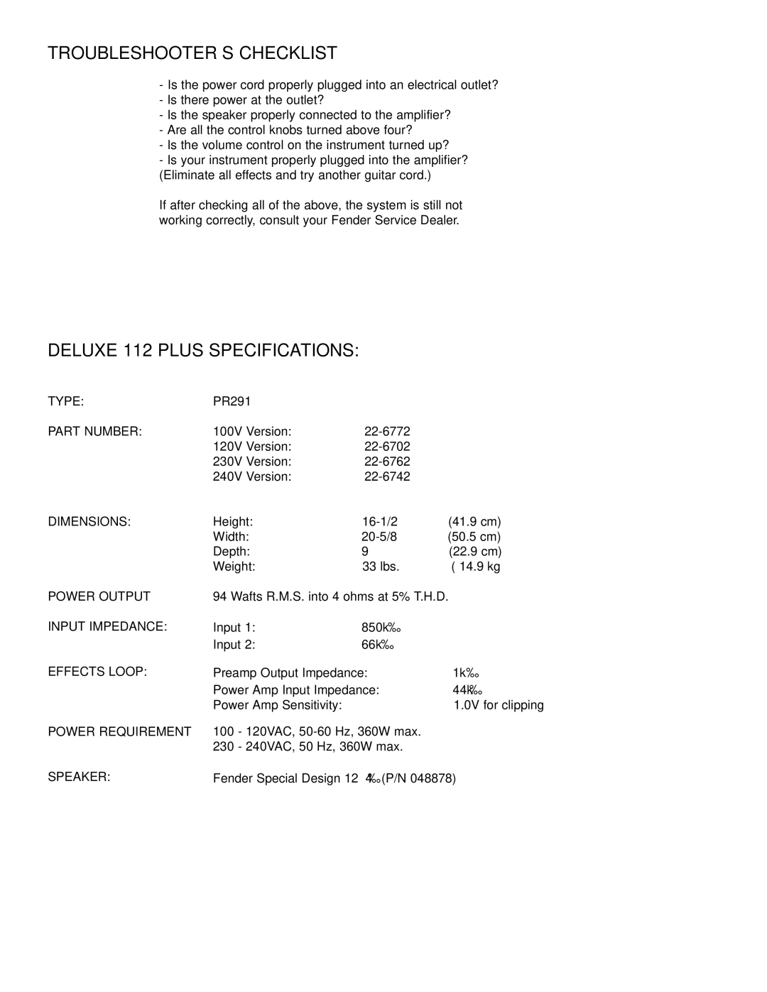 Fender owner manual TROUBLESHOOTER’S Checklist, Deluxe 112 Plus Specifications 