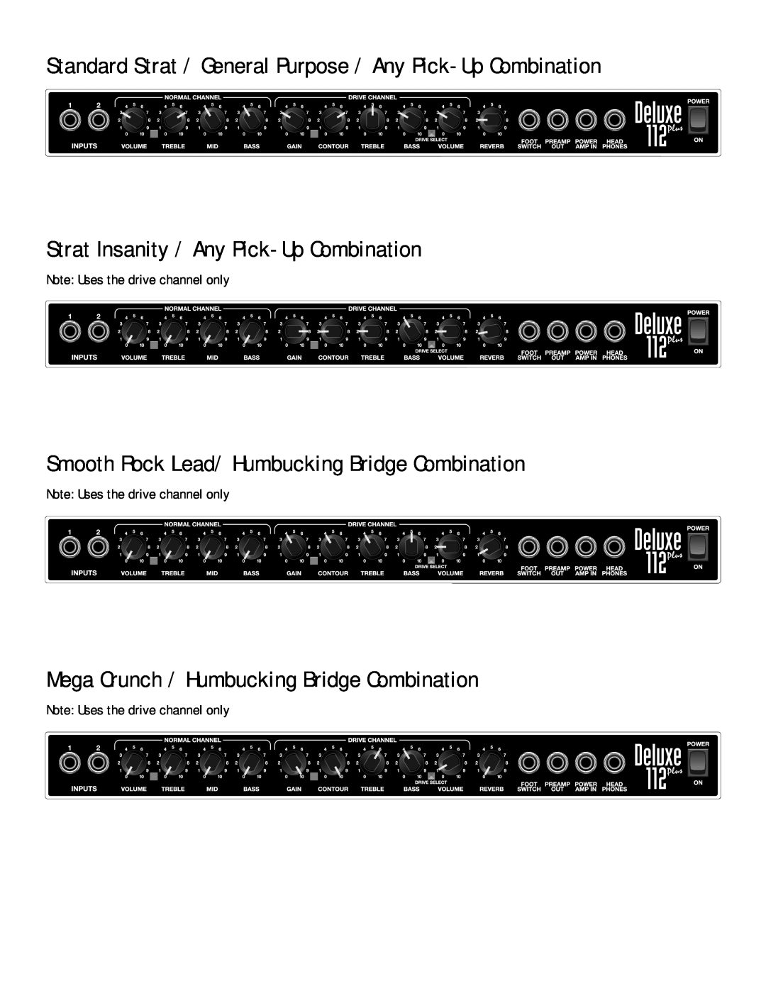 Fender 112 owner manual Mega Crunch / Humbucking Bridge Combination, Strat Insanity / Any Pick-Up Combination 