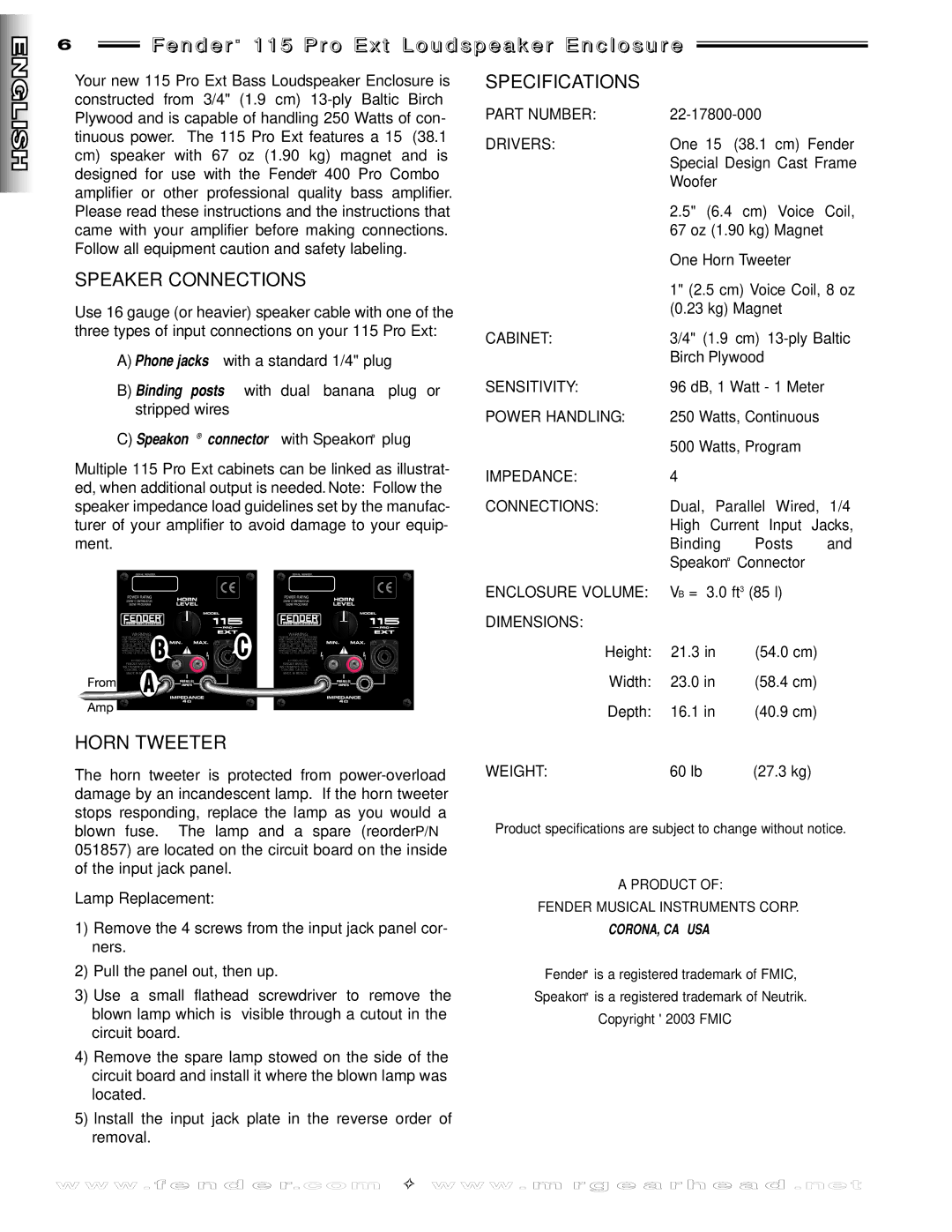 Fender 115 manual Specifications, Speaker Connections, Horn Tweeter, Product Fender Musical Instruments Corp CORONA, CA USA 