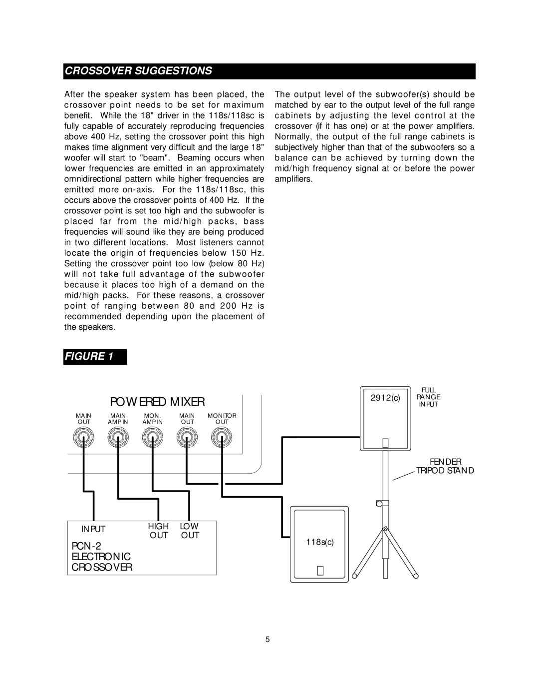 Fender 118SC owner manual Powered Mixer, Crossover Suggestions 