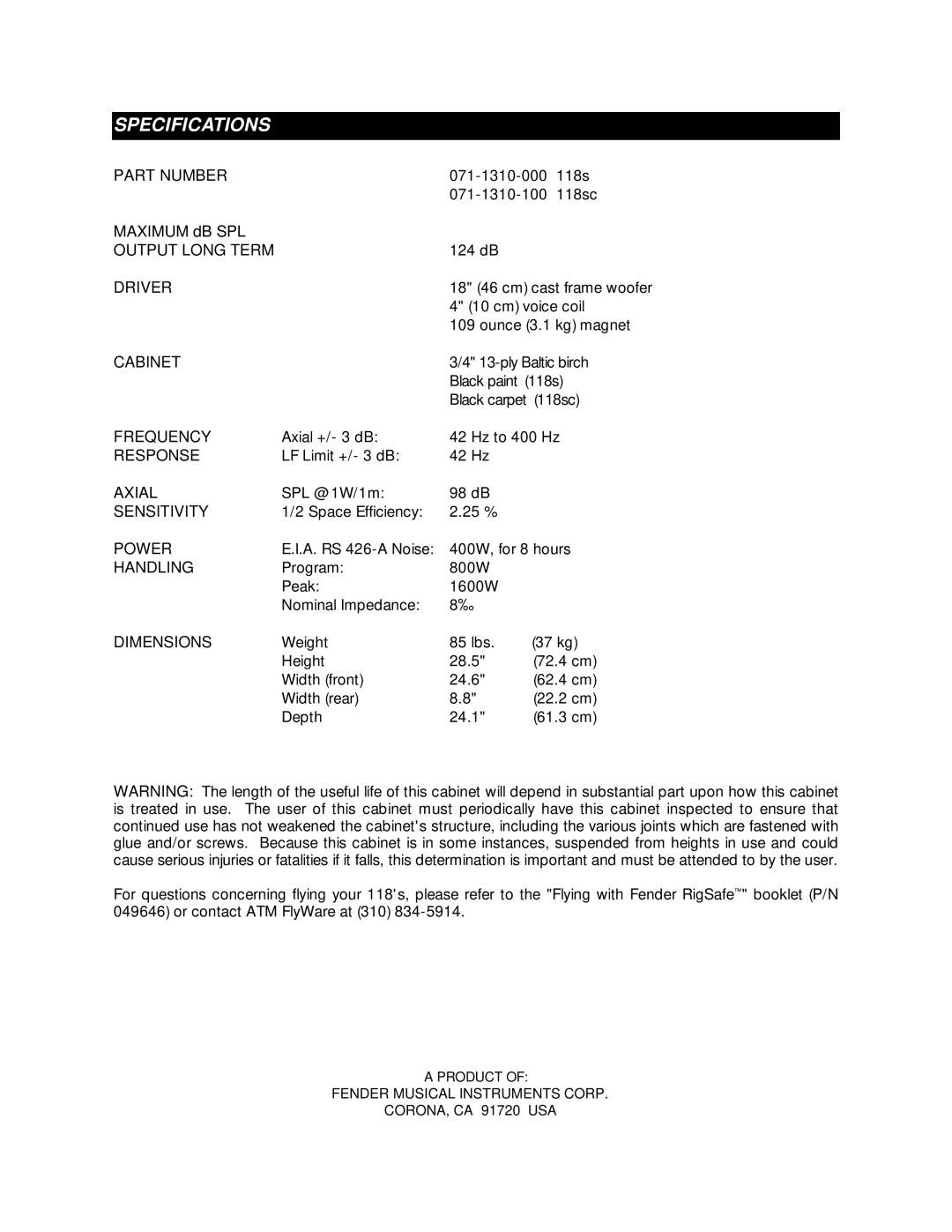 Fender 118SC owner manual Specifications, Dimensions 