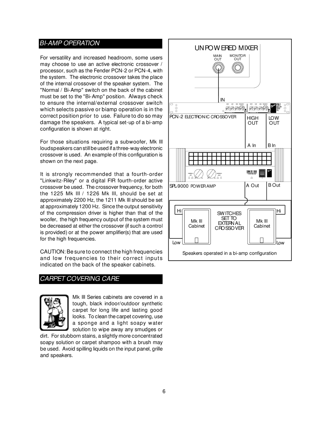 Fender 1211 MK III, 1226 MK III, 1225 MK III owner manual BI-AMP Operation, Carpet Covering Care 