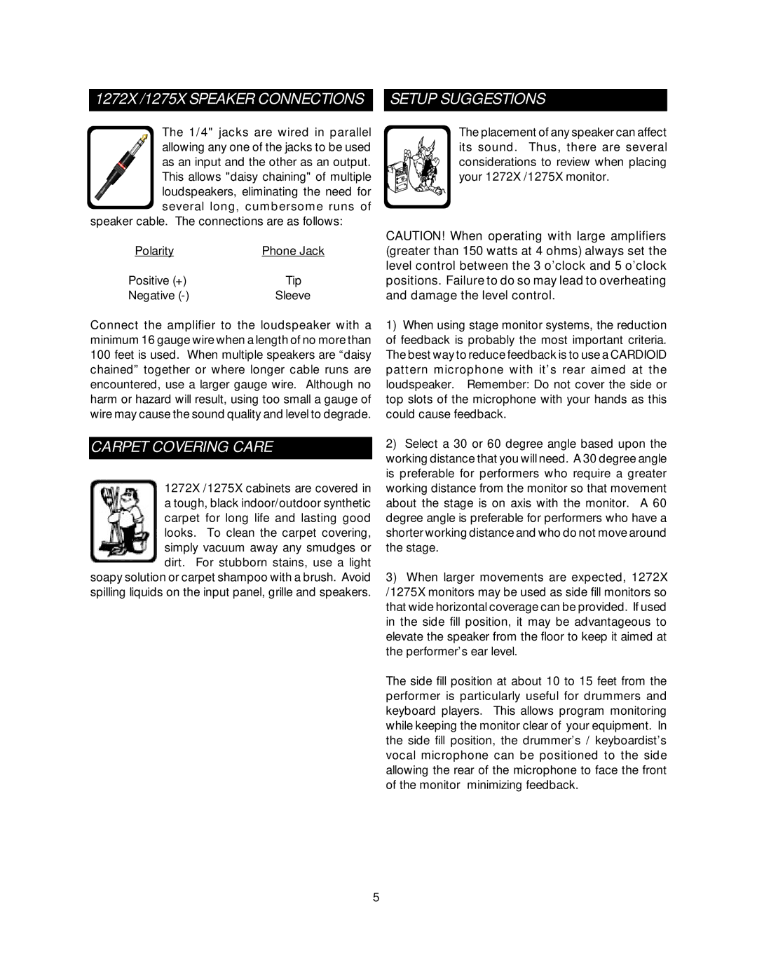 Fender owner manual 1272X /1275X Speaker Connections Setup Suggestions, Carpet Covering Care 