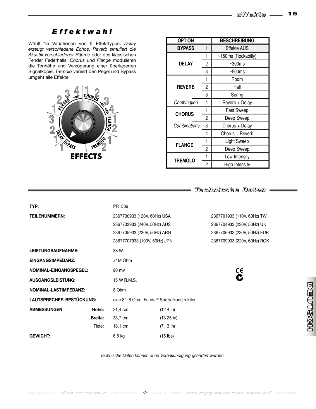 Fender 150 manual F e k t w a h l, Ff e k t e, Te c h n i s c h e D a t e n, Option Beschreibung 