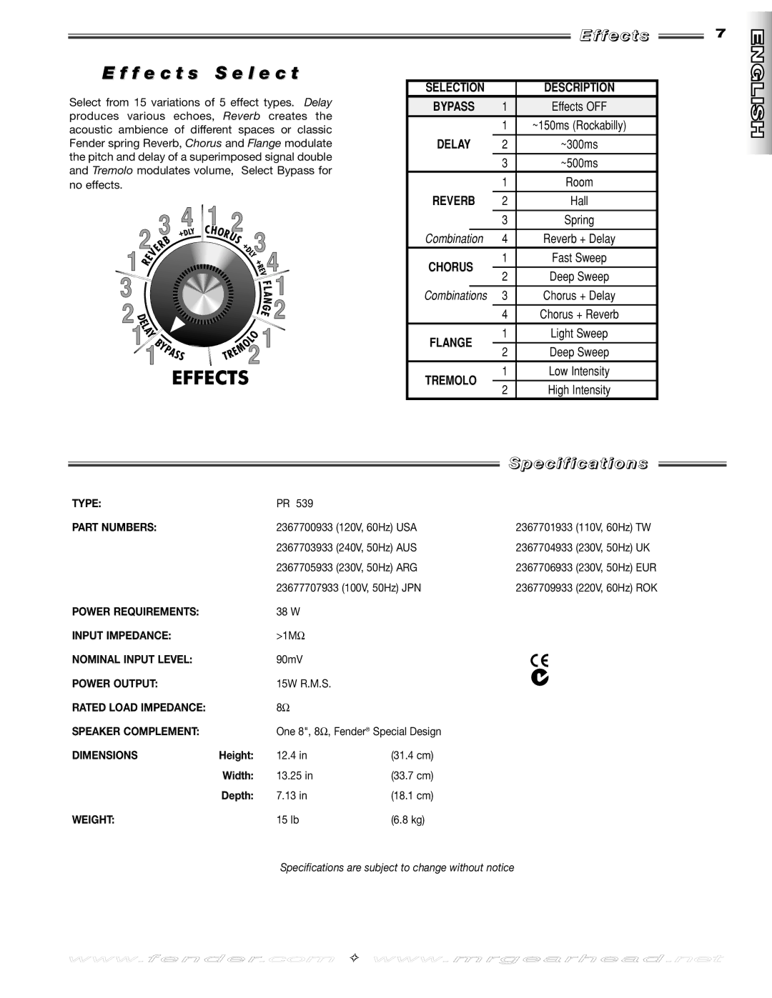 Fender 150 manual F e c t s S e l e c t, Ff e c t s, Specification s 