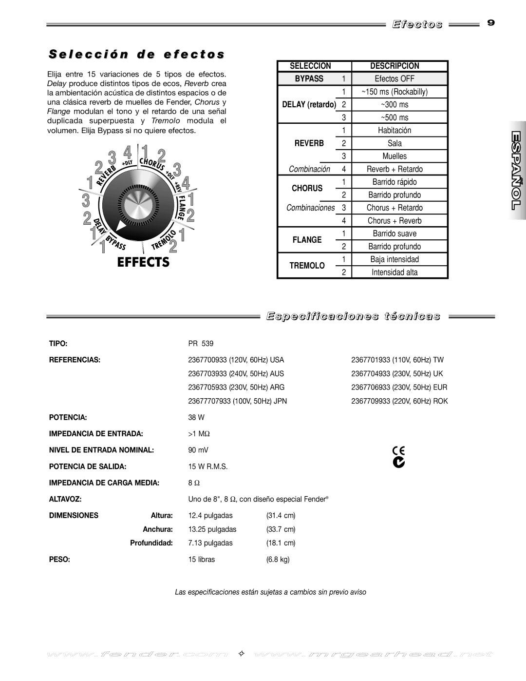 Fender 150 manual L e c c i ó n d e e f e c t o s, E c t o s, P e c i f i c a c i o n e s t é c n i c a s, Seleccion 