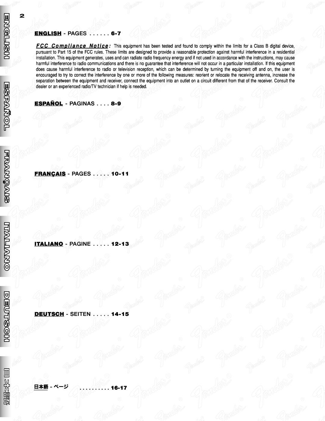 Fender 150 manual English- Pages, Español- Paginas, Français- Pages, Italiano- Pagine, Deutsch- Seiten, 16-17 
