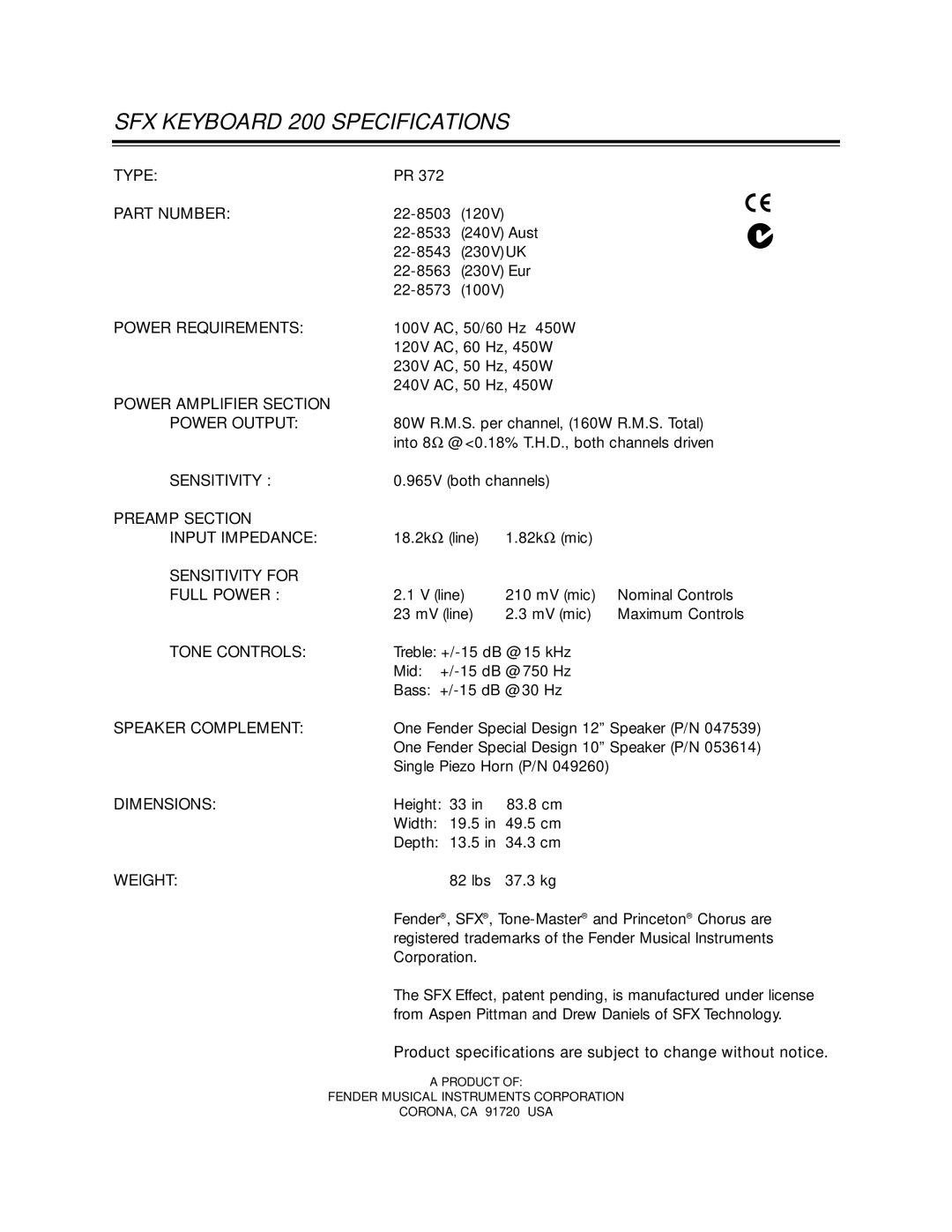 Fender owner manual SFX Keyboard 200 Specifications, Speaker Complement 