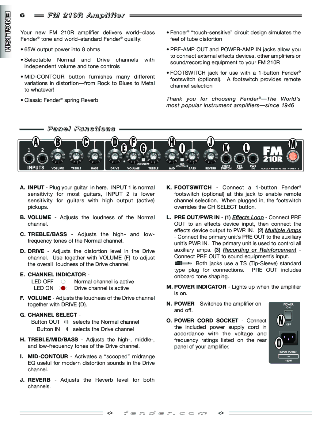 Fender 210R manual M 2 1 0 R a m p l i f i e r, N e l F u n c t i o n s, Channel Indicator, Channel Select 