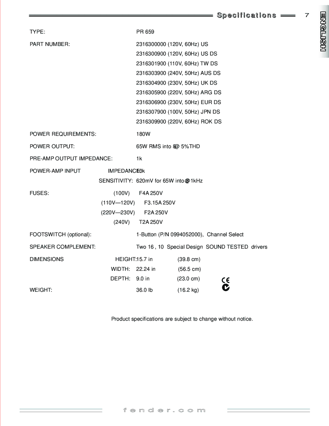 Fender 210R manual Specification s 