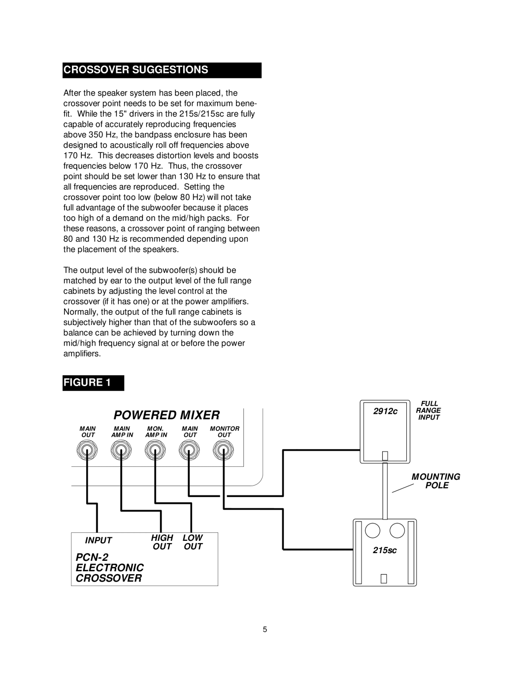 Fender 215SC owner manual Powered Mixer, Crossover Suggestions 