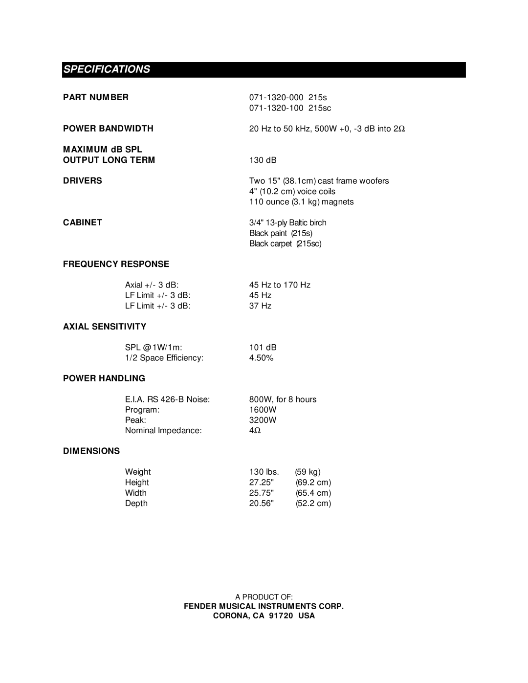 Fender 215SC owner manual Specifications, Dimensions 