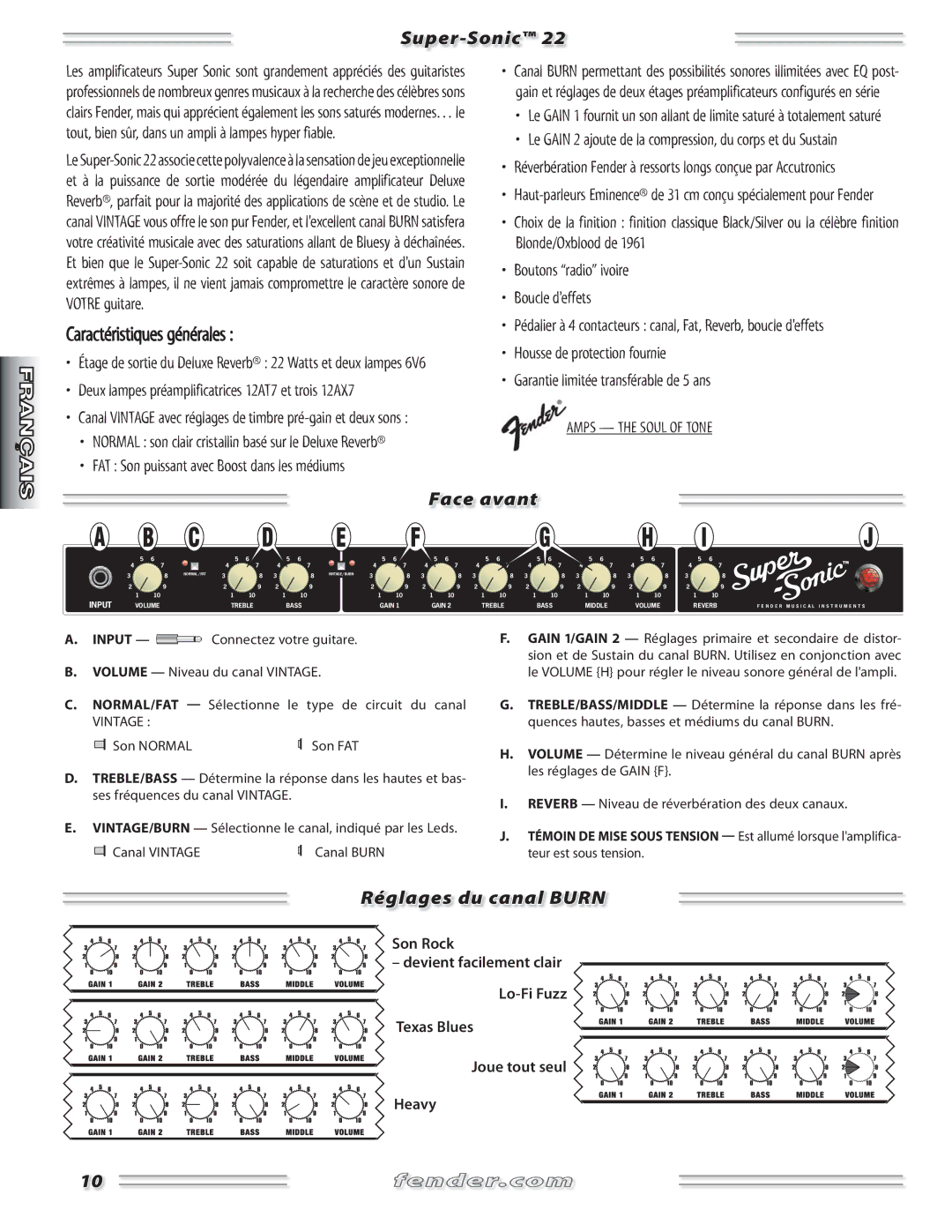 Fender manual Face avant, Réglages du canal Burn, Étage de sortie du Deluxe Reverb 22 Watts et deux lampes, Son Normal 