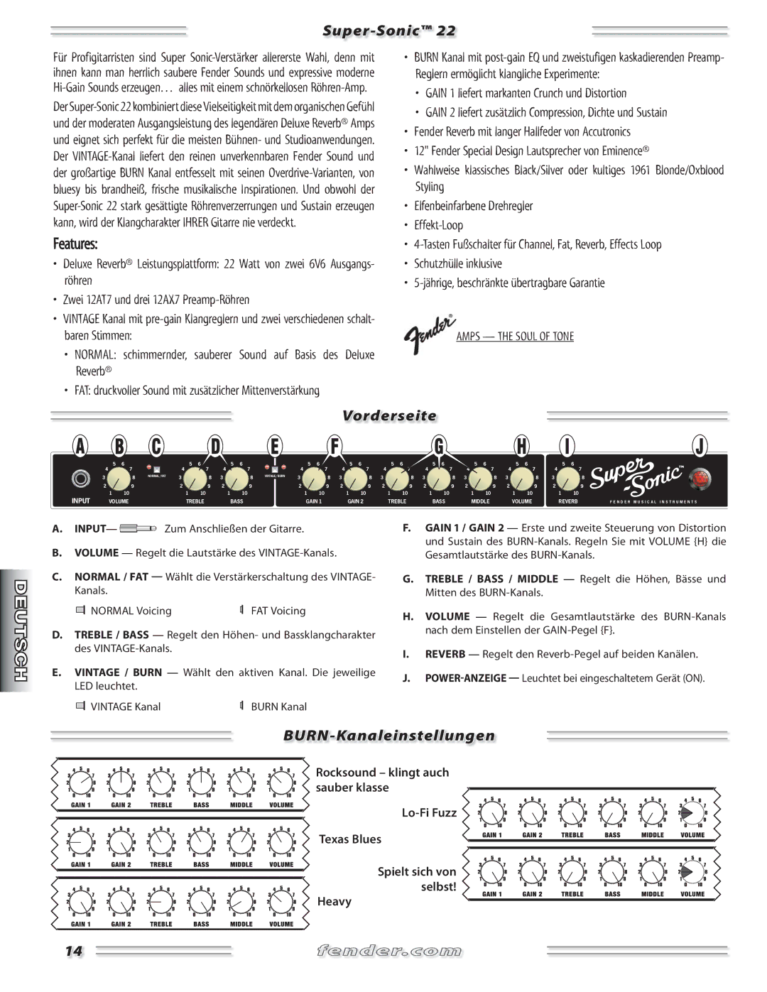 Fender 22 manual Vorderseite, BURN-Kanaleinstellungen 