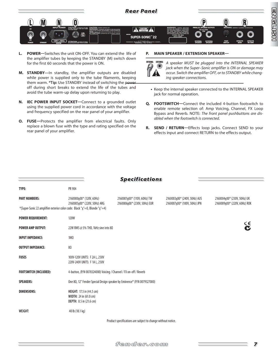 Fender 22 manual Rear Panel, Specifications 