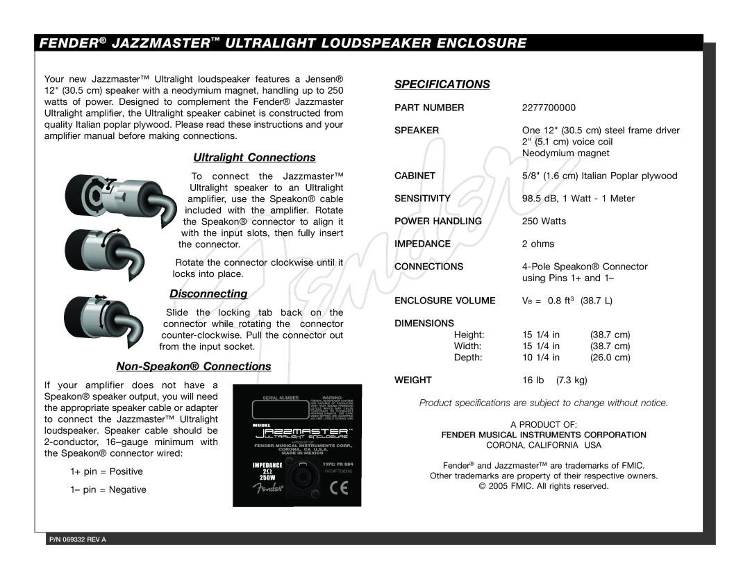 Fender 2277700000 specifications Fender Jazzmaster Ultralight Loudspeaker Enclosure, Ultralight Connections, Disconnecting 