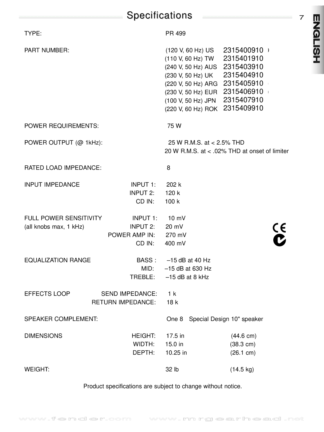 Fender 25 manual Specifications 