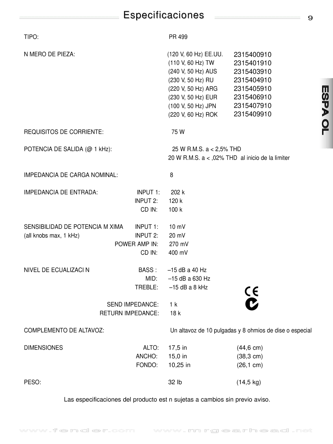 Fender 25 manual Especificaciones 