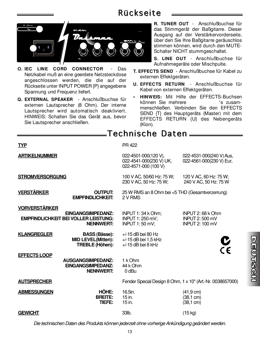 Fender 25 manual TYP Artikelnummer 