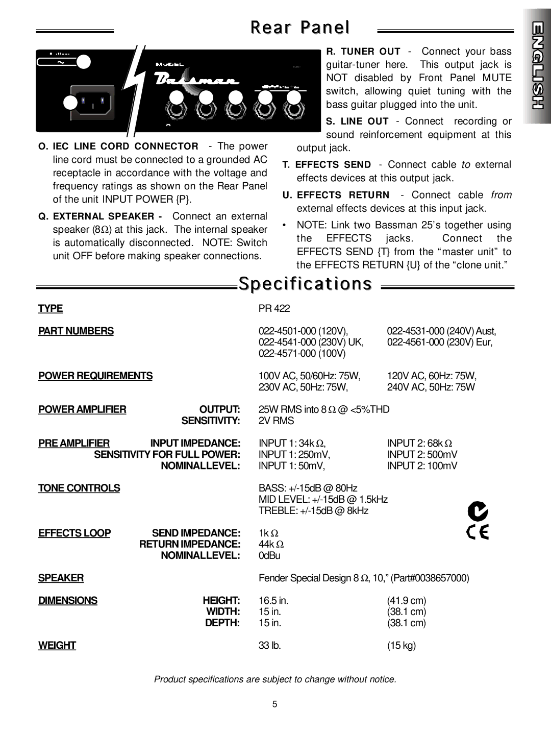 Fender 25 manual Type Part Numbers 