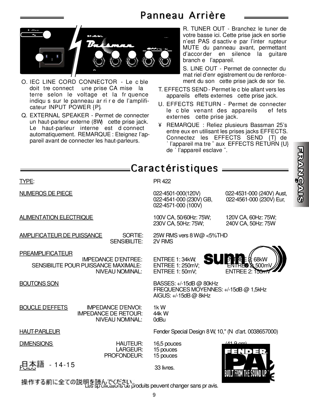 Fender 25 manual Sortie 