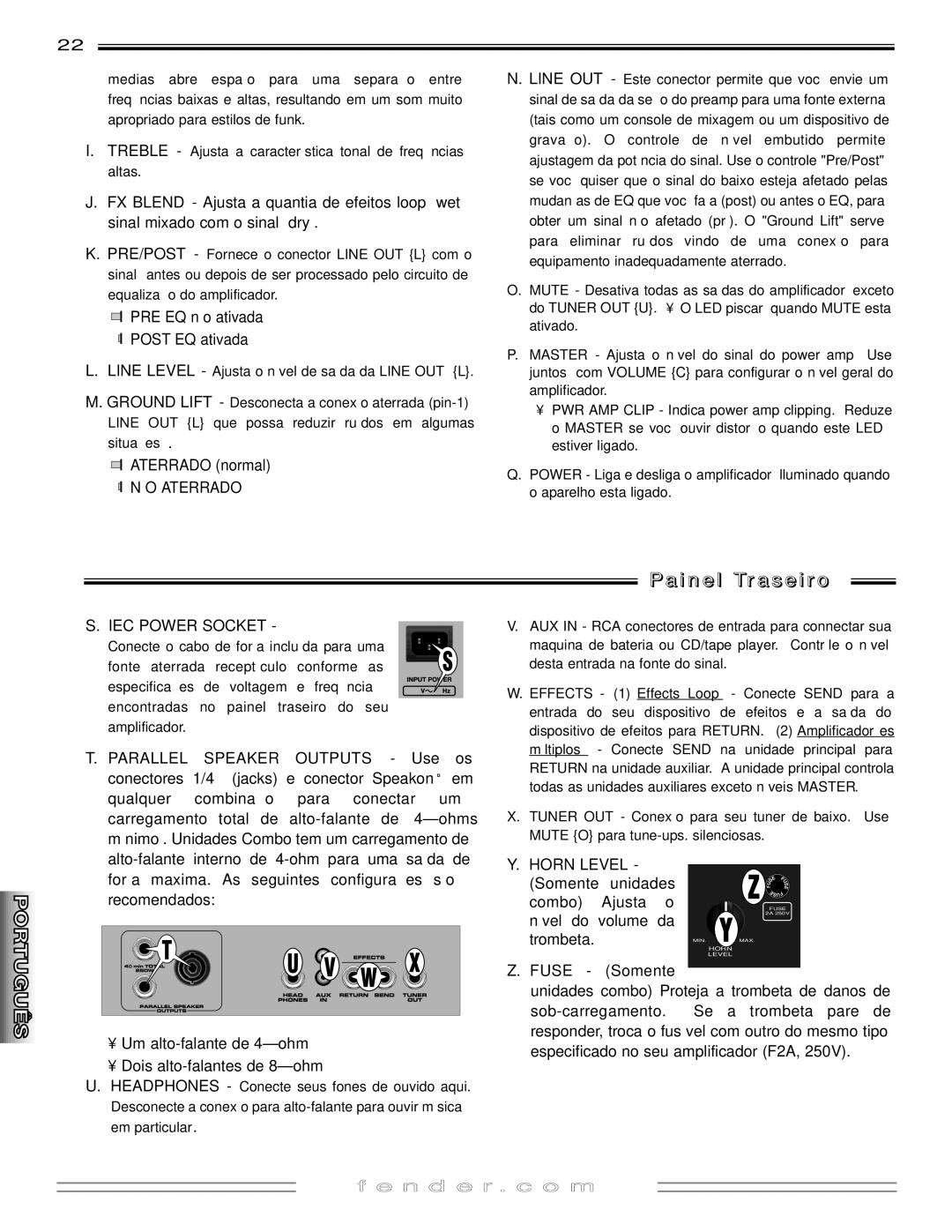 Fender 250 manual I n e l Tr a s e i ro, PRE-EQ não ativada POST-EQ ativada 