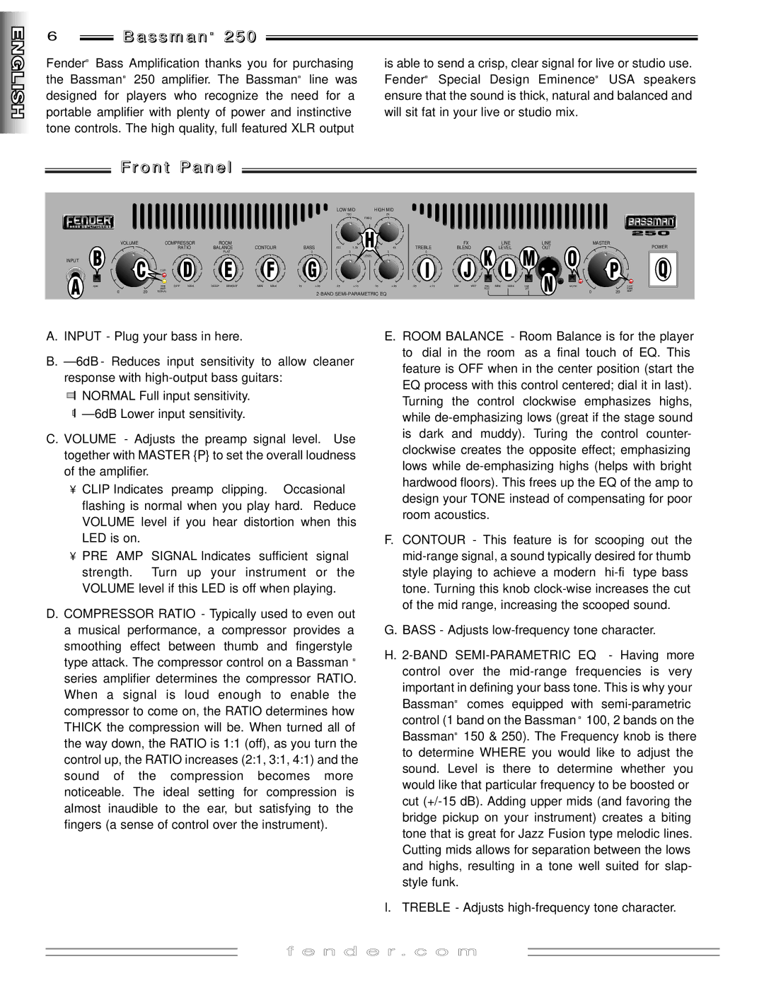 Fender 250 manual A s s m a n 2 5, Ro n t P a n e l 