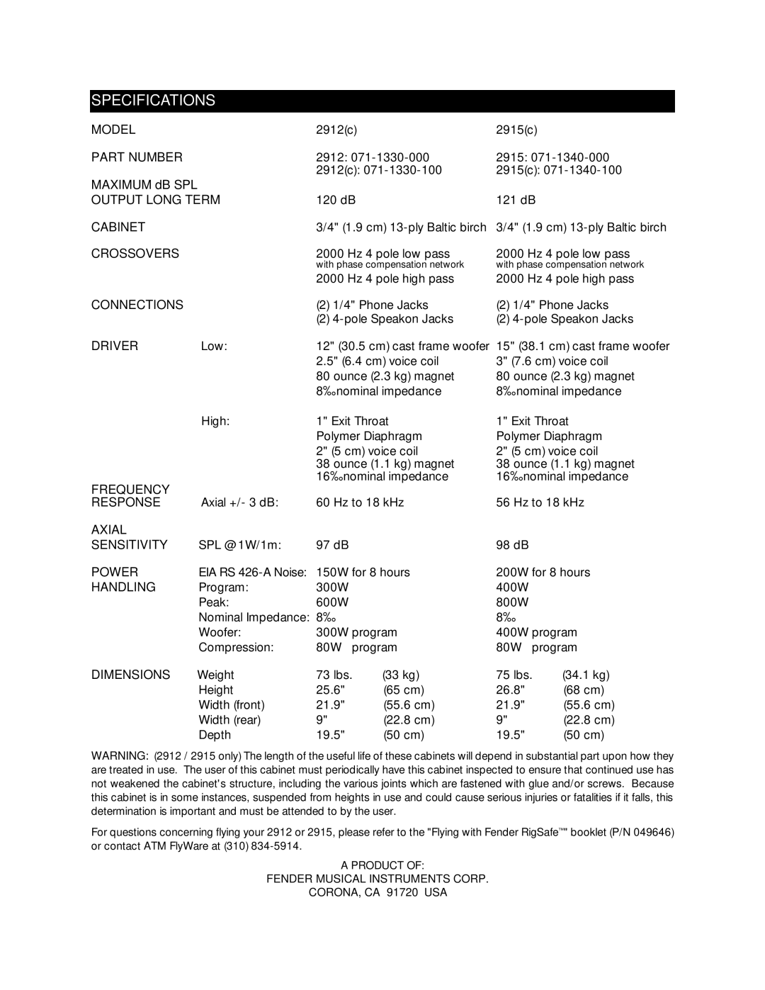 Fender 2912(C), 2915(C) owner manual Specifications, Driver 