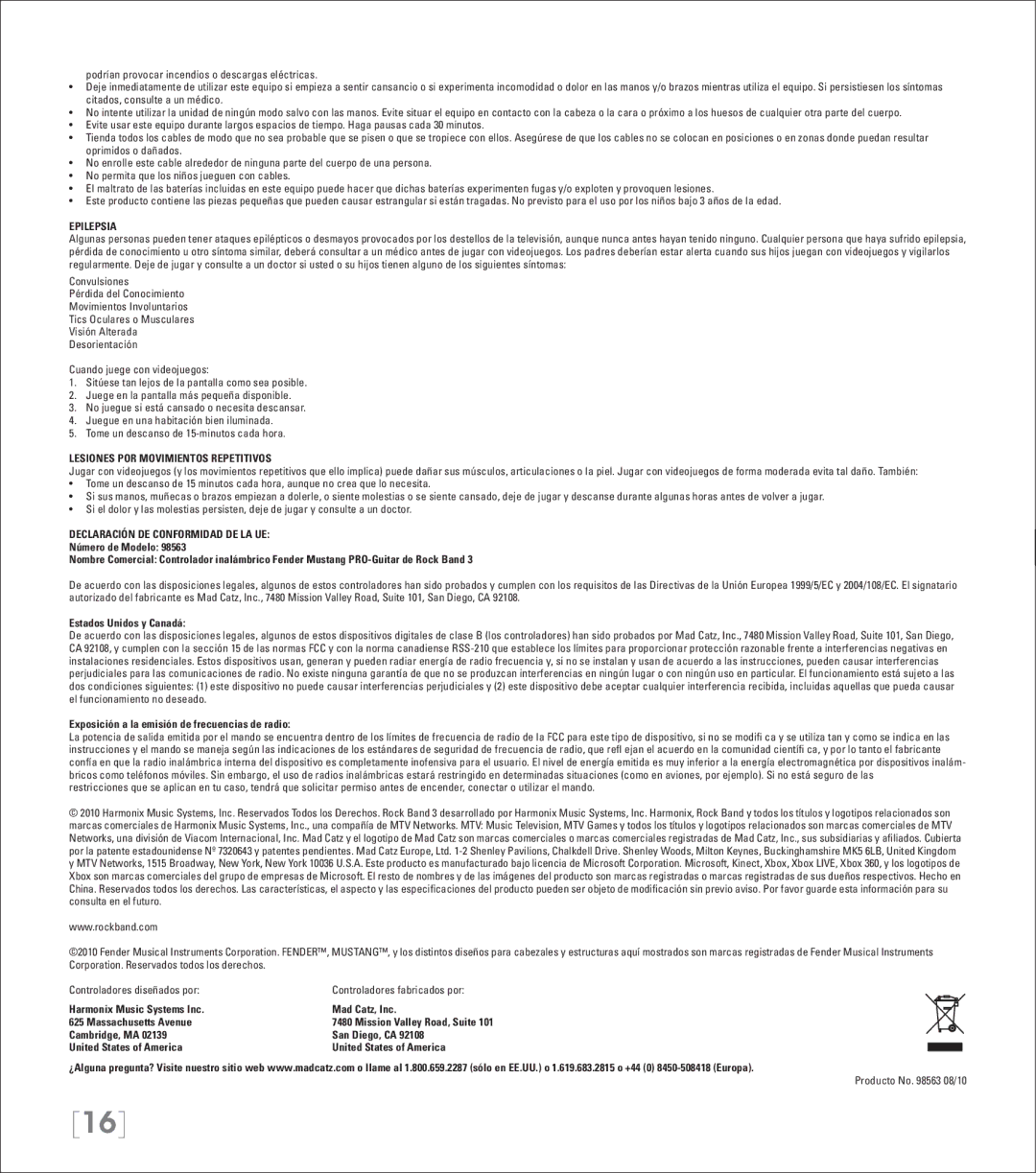 Fender 3 manual Epilepsia, Lesiones POR Movimientos Repetitivos, Declaración DE Conformidad DE LA UE 