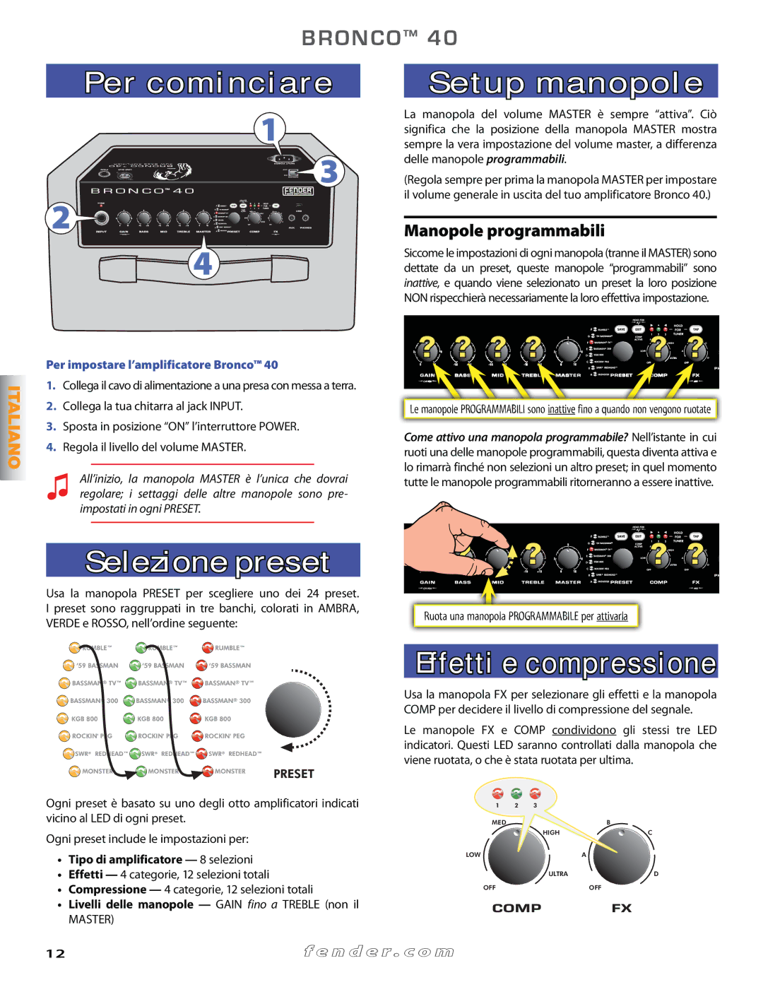 Fender 40 manual Per cominciare Setup manopole, Selezione preset, Effetti e compressione, Manopole programmabili 