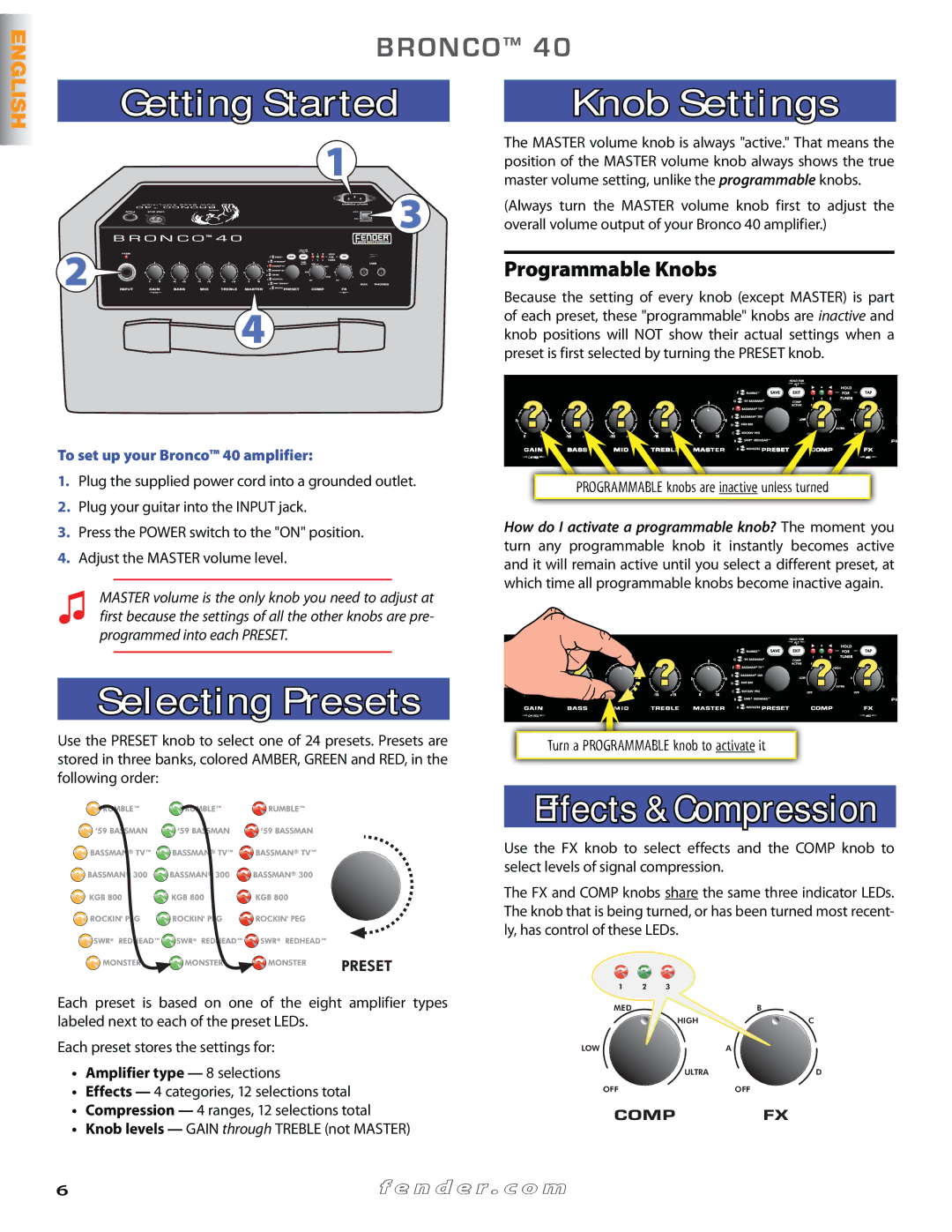 Fender 40 manual Getting Started Knob Settings, Selecting Presets, Effects & Compression, Programmable Knobs 