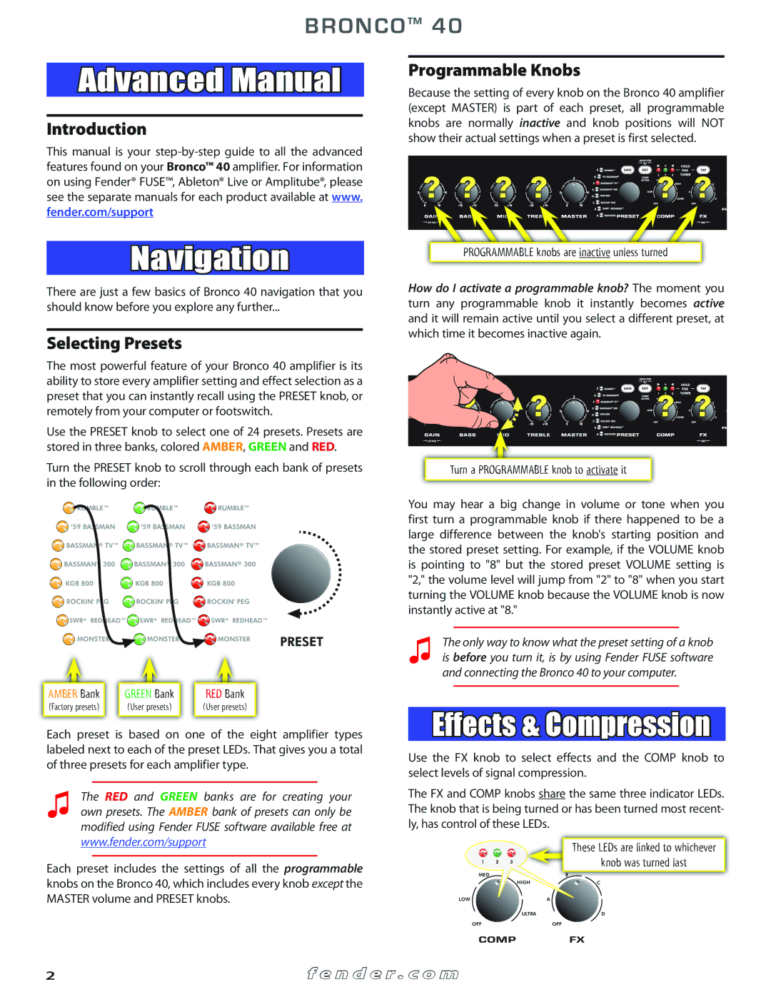 Fender 40 owner manual Advanced Manual, Navigation, Effects & Compression 