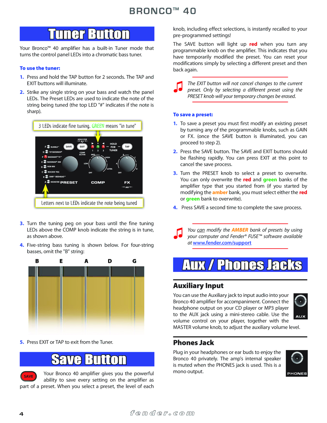 Fender 40 owner manual Tuner Button, Save Button, Aux / Phones Jacks, Auxiliary Input 