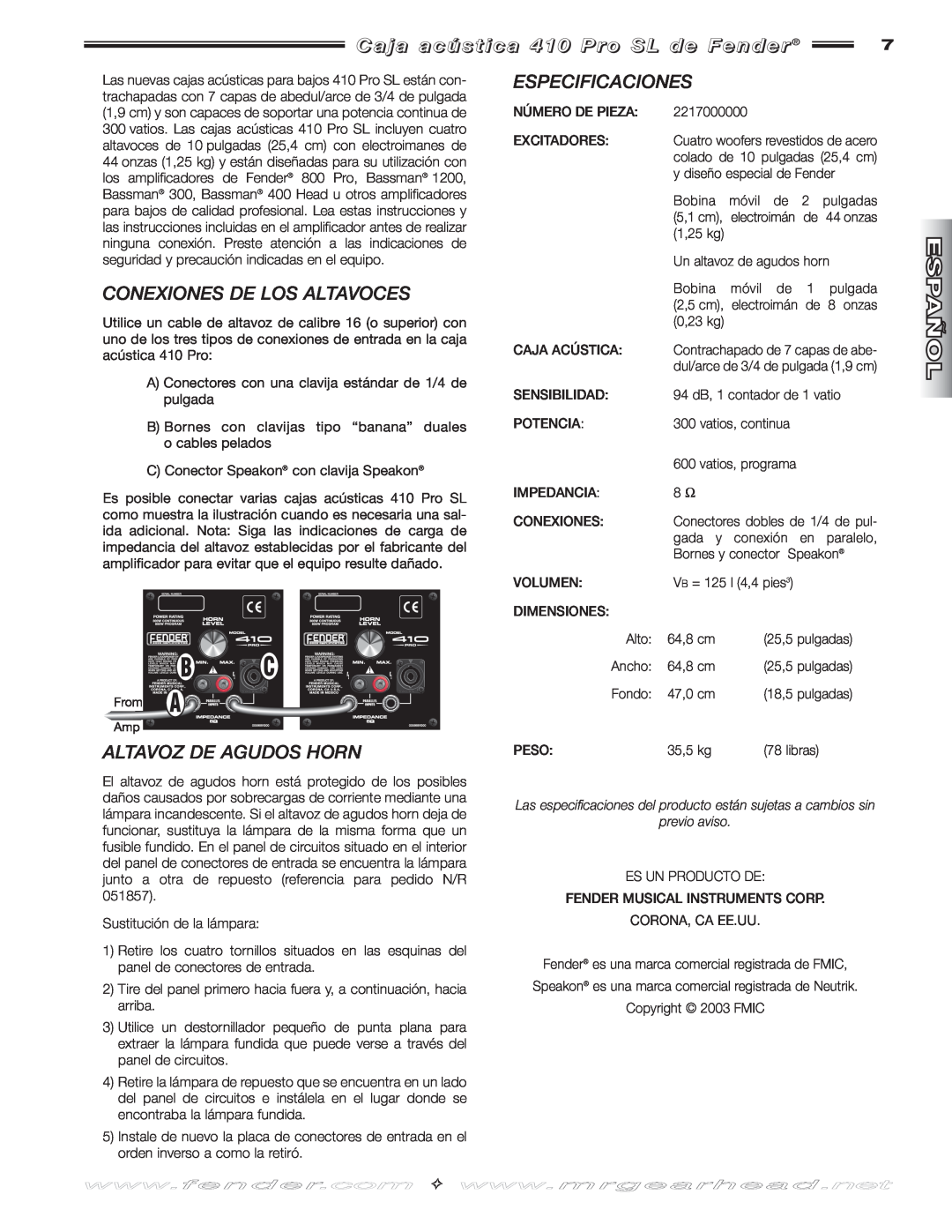 Fender 410 PRO manual Conexiones De Los Altavoces, Altavoz De Agudos Horn, Especificaciones, previo aviso 